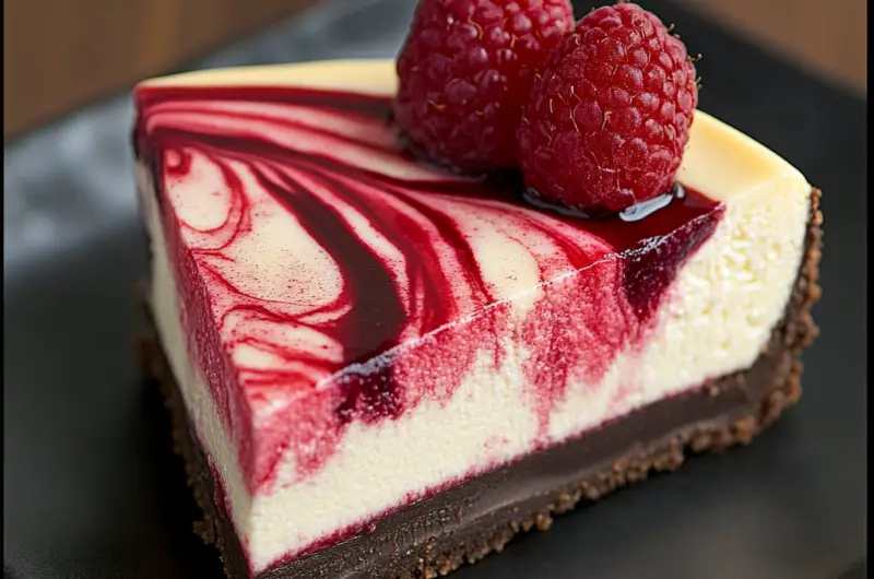 Raspberry Swirl Cheesecake with Chocolate Crust 🍰🍫